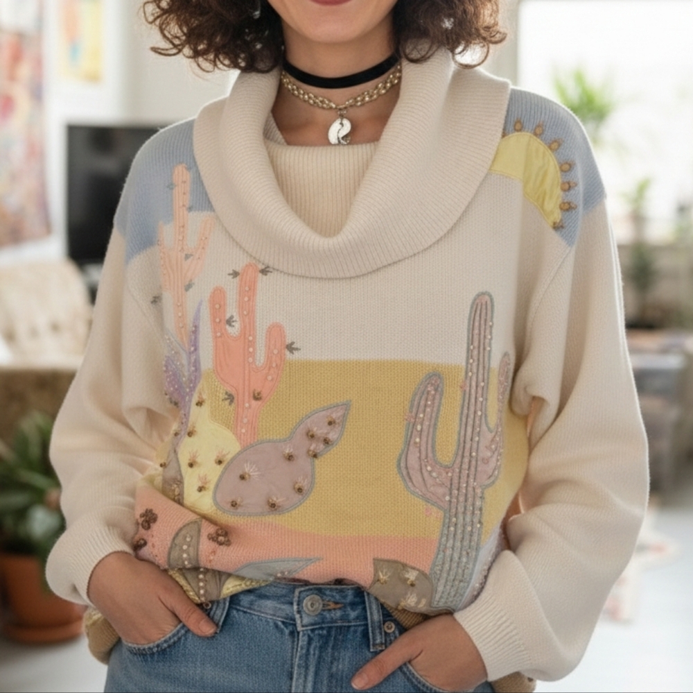 Franco Valerie M Vintage 90s Artsy Fun Eclectic Embroidered Beaded Turtleneck